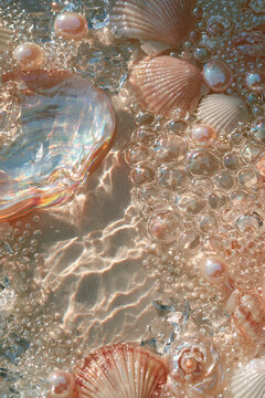 Perlmuttfarbene Muscheln und Seifenblasen im Wasser in Rosa und Gold
