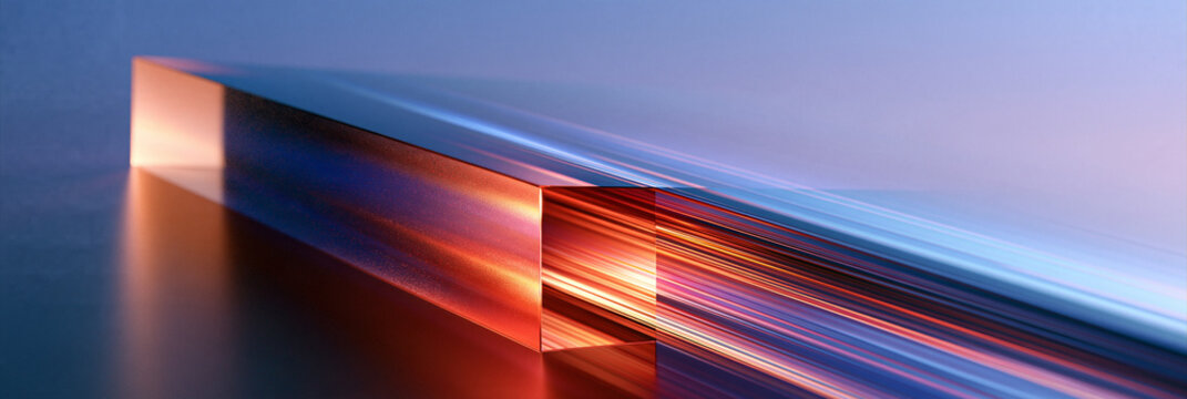 Abstrakte Glasformen in Blau und Orange mit Lichtreflexion