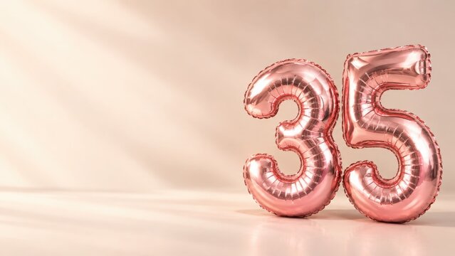 Number thirty five foil balloons in metallic rose gold color on a soft beige light background, area d