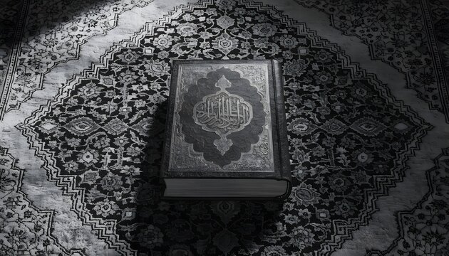 Quran scripture and religious tradition. Islamic holy book with ornate silver cover. Closed Quran book placed on a decorative carpet in a moody setting