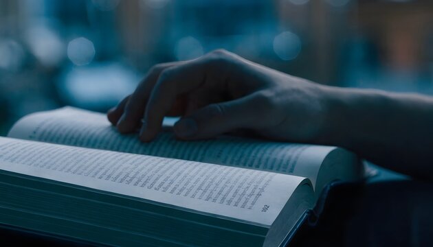 Studying religious scriptures and spiritual reading. Educational and philosophical books. Hand resting on an open book in a quiet room at night