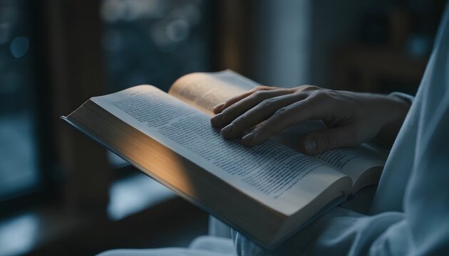 Reading a book and gaining knowledge in the evening. Quiet study and literary reflection. Person turning pages of an open book indoors