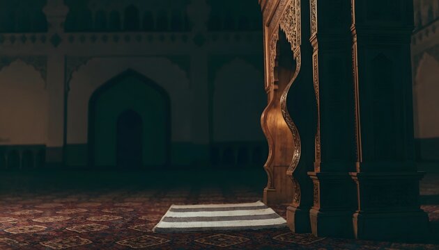 Grand mosque interior with architectural arches and Mihrab. Islamic heritage and sacred spaces. Empty prayer hall featuring intricate wooden pillars and carpet