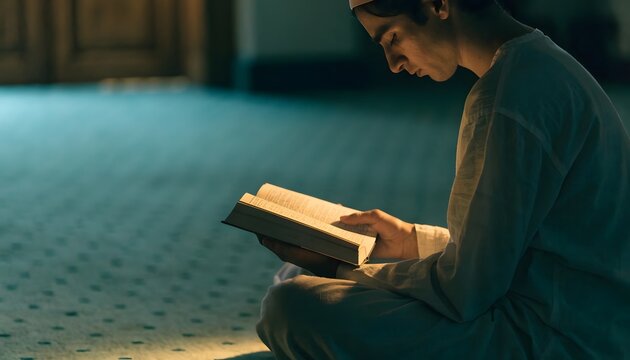 Holy Quran recitation and spiritual reflection. Islamic culture and religious devotion. Young Muslim man sitting on the floor of a mosque reading the holy book