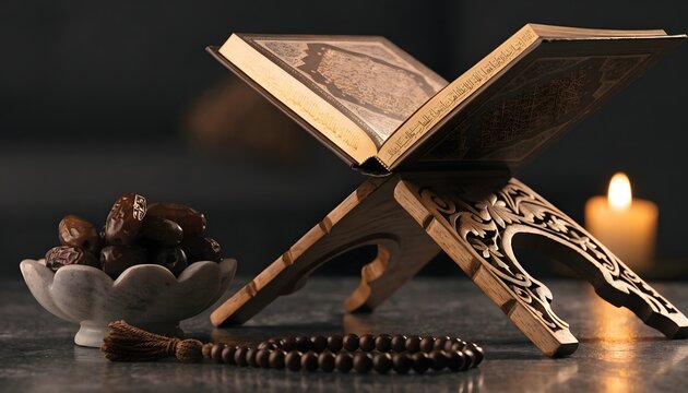 Holy Quran on a wooden book stand with dates and prayer beads. Ramadan Kareem and Iftar celebration. Open Quran resting on a Rehal with a bowl of dates and tasbih beads
