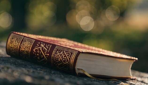 Sacred Quran book with golden Arabic calligraphy and bookmark ribbon. Islamic studies and religious literature. Closed holy book resting on a stone surface outdoors