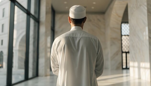 Modern mosque interior with architectural arches and marble pillars. Islamic heritage and peaceful sanctuary. Muslim man standing in a bright hall looking forward