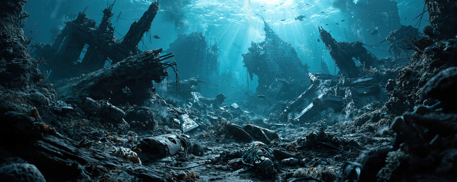 Underwater city with shipwreck, ruin and fish evokes haunting scene beneath bright blue ocean, where sunbeams illuminate shadowy seabed