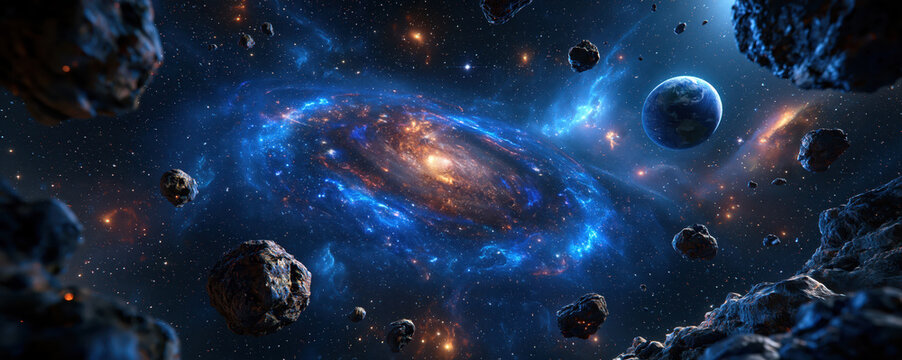 Galaxy space stock image with glowing spiral, blue planet and asteroid floating in deep star field, evoking wonder and cosmic mystery