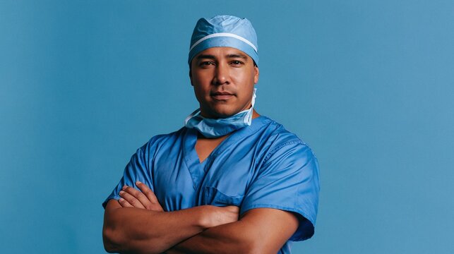 Male surgeon in blue scrubs and surgical cap posing with arms crossed against a solid blue background studio portrait