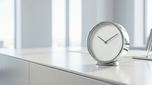silver chrome analog desk clock standing on white modern office furniture table with blurred corporate workspace window background indoors during daytime