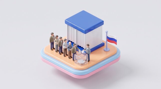 voting process illustration, a glossy polling station on a pastel platform, surrounded by tiny voters and a flag