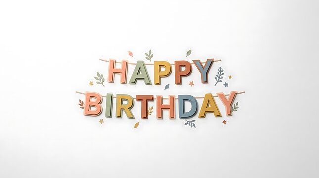 Paper art banner with "Happy Birthday" letters arranged in a simple clean layout on a white background, minimal environment with ample negative space, soft even studio lighting with subtle shadows, to
