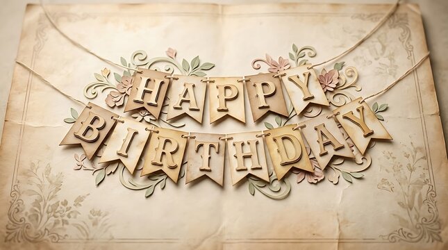 Paper art banner with "Happy Birthday" letters arranged in a soft vintage card layout using aged paper tones, minimal nostalgic background with gentle gradients, diffused lighting with warm highlights