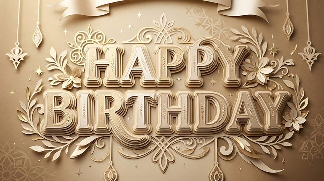 Paper art banner with "Happy Birthday" letters crafted in champagne gold tones with layered paper depth, elegant background with subtle decorative accents, warm diffused lighting with soft reflections