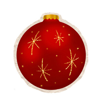 Red Festive Bauble Ornament With Gold Glitter Star Patterns On Transparent Background. Ideal for Scrapbook, Journal, Craft, Creative Project or DIY