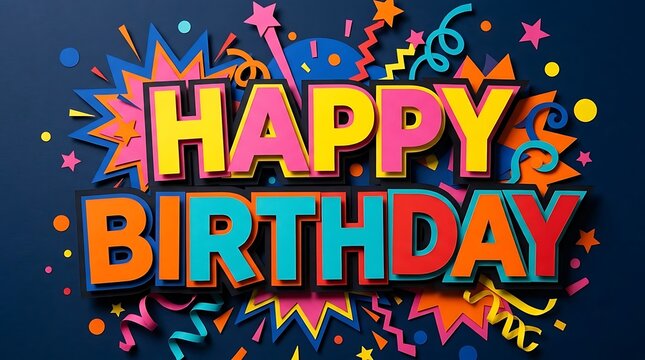 Paper art banner with "Happy Birthday" letters formed from bold paper shapes with high contrast color palette, clean graphic background with strong visual separation, directional lighting with crisp s