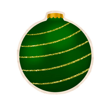 Green Holiday Ornament With Gold Glitter Swirls And White Paper Texture Edge Isolated On White. Ideal for Scrapbook, Journal, Craft, Creative Project or DIY