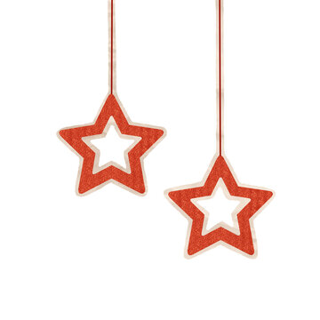 Two Hanging Red Glitter Star Decorations On A String Against A Clear Transparent Background. Ideal for Scrapbook, Journal, Craft, Creative Project or DIY