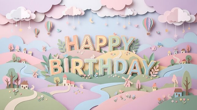 Paper art banner with "Happy Birthday" letters integrated into a whimsical paper landscape of rolling hills and clouds, imaginative layered paper environment with playful forms, soft diffused lighting