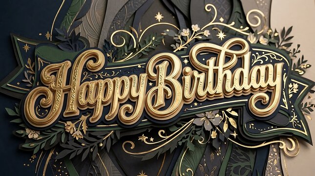Paper art banner with "Happy Birthday" letters in gilded gold paper with refined layering, sophisticated backdrop with subtle tones and elegant spacing, soft directional lighting enhancing highlights 