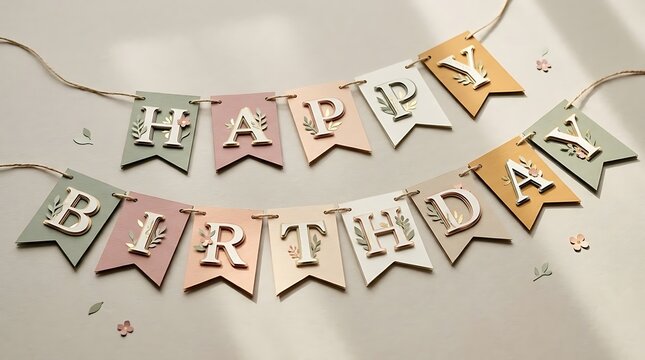 Paper art banner with "Happy Birthday" letters placed on a flat surface with gentle shadow play, simple environment with muted tones, directional soft lighting creating depth, close-up shot using 85mm