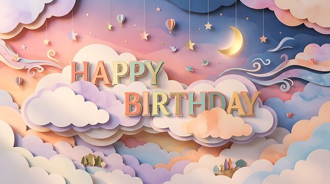 Paper art banner with "Happy Birthday" letters resting on layered paper clouds in a dreamy sky setting, open whimsical environment with floating elements, soft directional lighting with gentle highlig