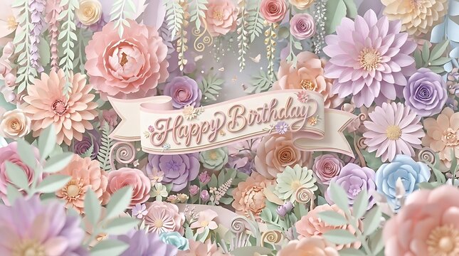Paper art banner with "Happy Birthday" letters set within a pastel-toned paper flower garden, airy floral environment with layered petals, diffused lighting with soft reflections, wide shot using 24mm