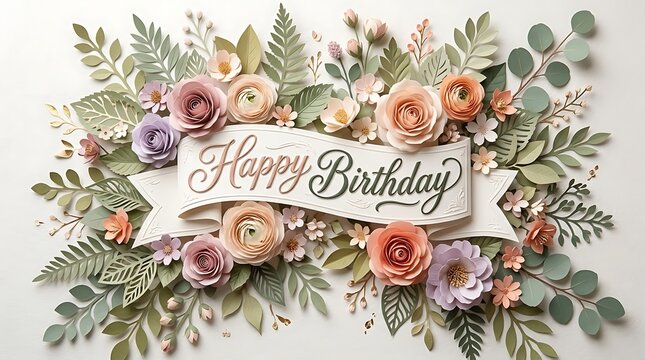 Paper art banner with "Happy Birthday" letters surrounded by delicate paper flowers and leaves, soft botanical environment with layered floral elements, diffused lighting with gentle highlights, top-d