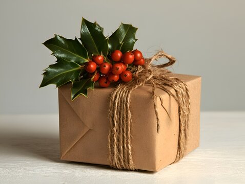 Rustic brown paper gift box tied with twine and decorated with holly and red berries