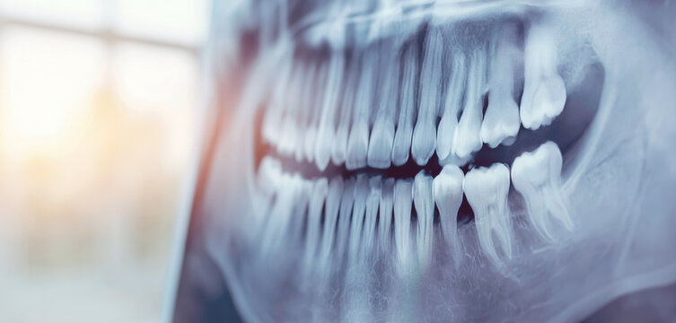 Panoramic dental X ray of upper and lower teeth and jaw, supporting oral diagnosis, treatment planning, and modern radiology care