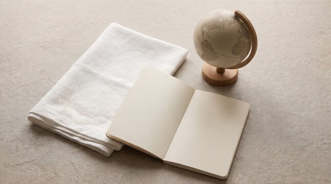 An open notebook with a small globe and a folded white cloth on a textured surface.
