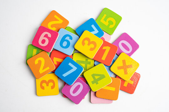 Number wood block cubes for learning Mathematic, education math.