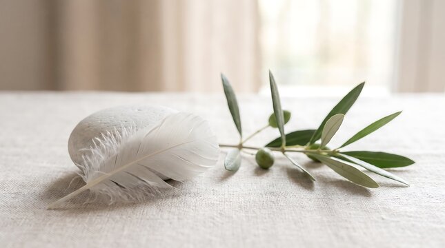 A serene composition featuring a smooth white stone, a delicate feather, and a fresh olive branch on a textured linen surface.