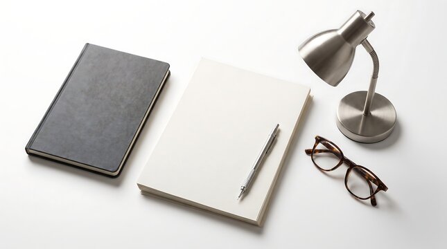 Top view of a desk with a notebook pen lamp and glasses.