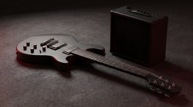 A sleek black electric guitar and amplifier set on a dark textured background.