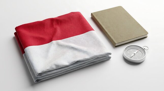 Folded Indonesian flag with a notebook and compass on a white background.