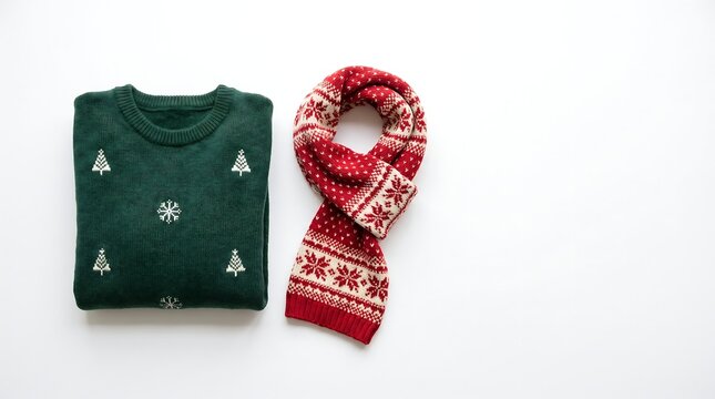 Flat lay of a green Christmas sweater and a red patterned scarf.