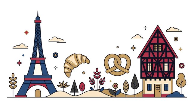 Illustration of French and German landmarks with food and nature elements.