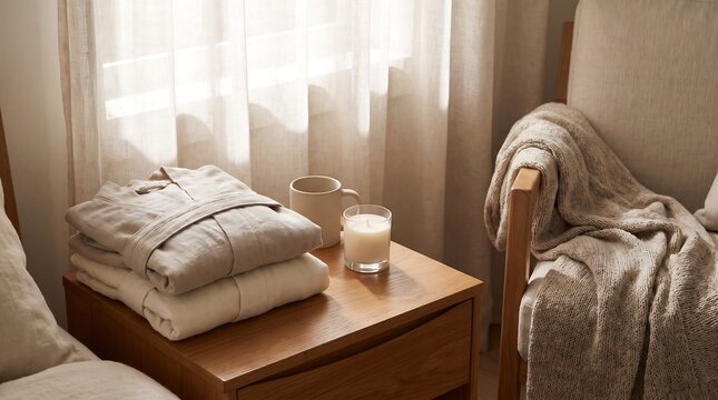 Cozy home interior with folded linen robes and a candle on a wooden nightstand.