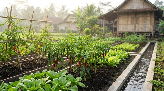 A lush vegetable garden with a traditional wooden house and irrigation canal.