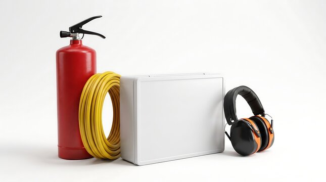 Safety equipment collection featuring a fire extinguisher, yellow cable, and protective earmuffs.