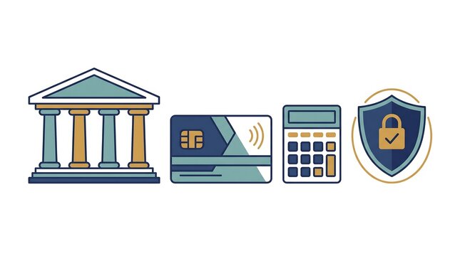 Set of financial and banking icons including bank building credit card calculator and security shield.