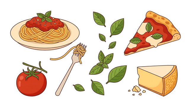 Hand drawn Italian food illustration set with pasta pizza and ingredients.