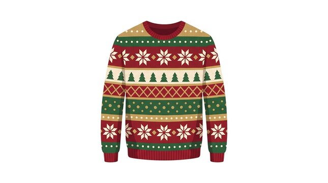 Festive Christmas Sweater with Traditional Nordic Snowflake and Tree Patterns.