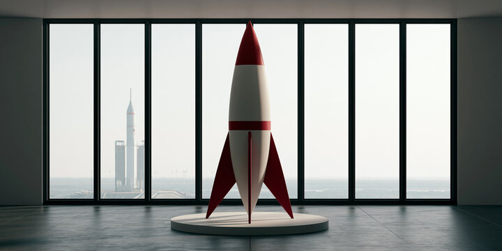 A model rocket stands proudly in a minimalist room with large windows offering a city view. The rocket is white with red accents and fins, displayed on a circular pedestal.