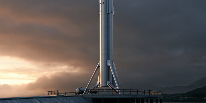 A rocket stands tall on a launchpad against a dramatic, cloudy sky, bathed in the warm glow of sunset. The sleek, metallic structure signifies ambition and the pursuit of the unknown