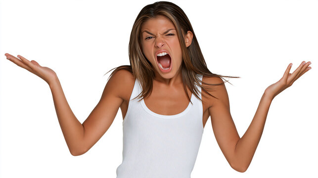 An angry woman yelling with her hands spread wide in frustration, her mouth open and eyes squinted in anger