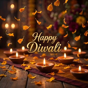 Beautiful happy diwali greeting card featuring glowing traditional clay oil lamps and falling marigold flower petals on a rustic wooden table background design