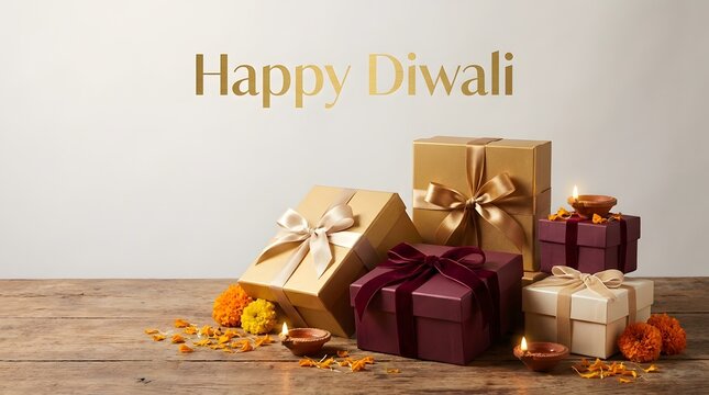A festive diwali greeting featuring elegant gift boxes with golden ribbons and marigold flowers arranged on a rustic wooden surface against a neutral background